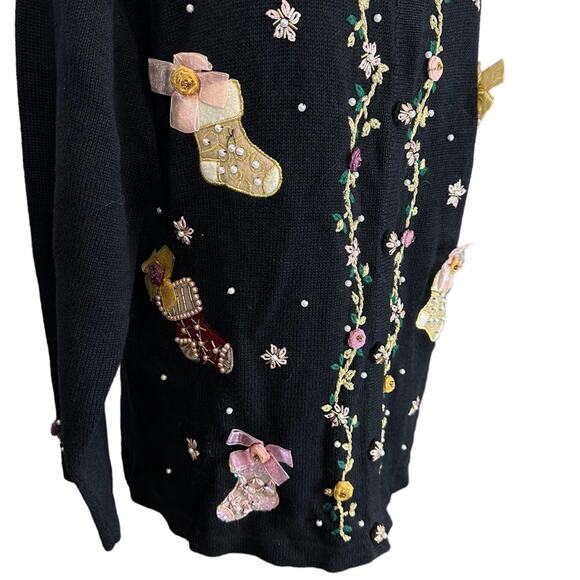 Vintage Christmas Sweater 3D Size Large Stockings Bows Grandma Ugly Beaded - Picture 3 of 10